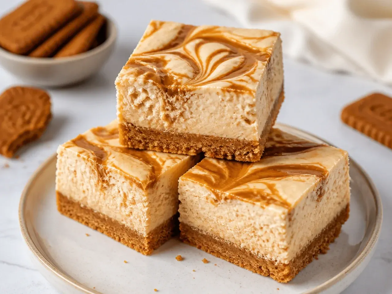 Rustic no bake Biscoff cheesecake bars cut into squares with swirled topping