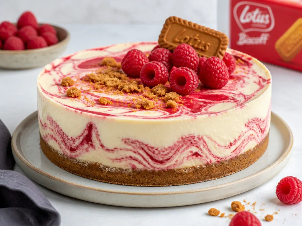 Colorful raspberry ripple Biscoff cheesecake topped with fresh raspberries