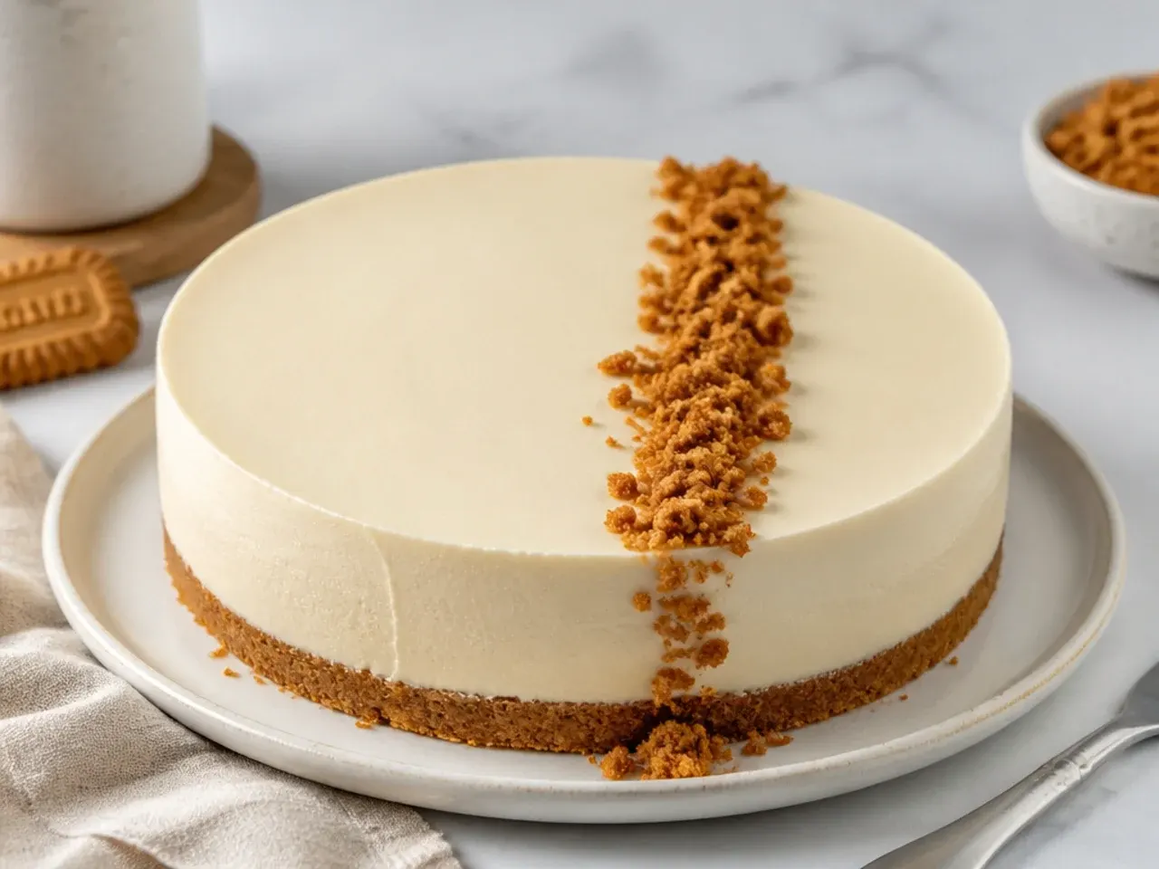 Minimalist no bake Biscoff cheesecake with smooth top and single crumb line