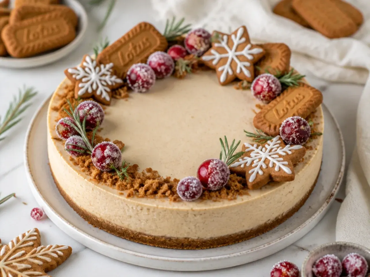 Festive Biscoff cheesecake with sugared cranberries, rosemary and gingerbread stars