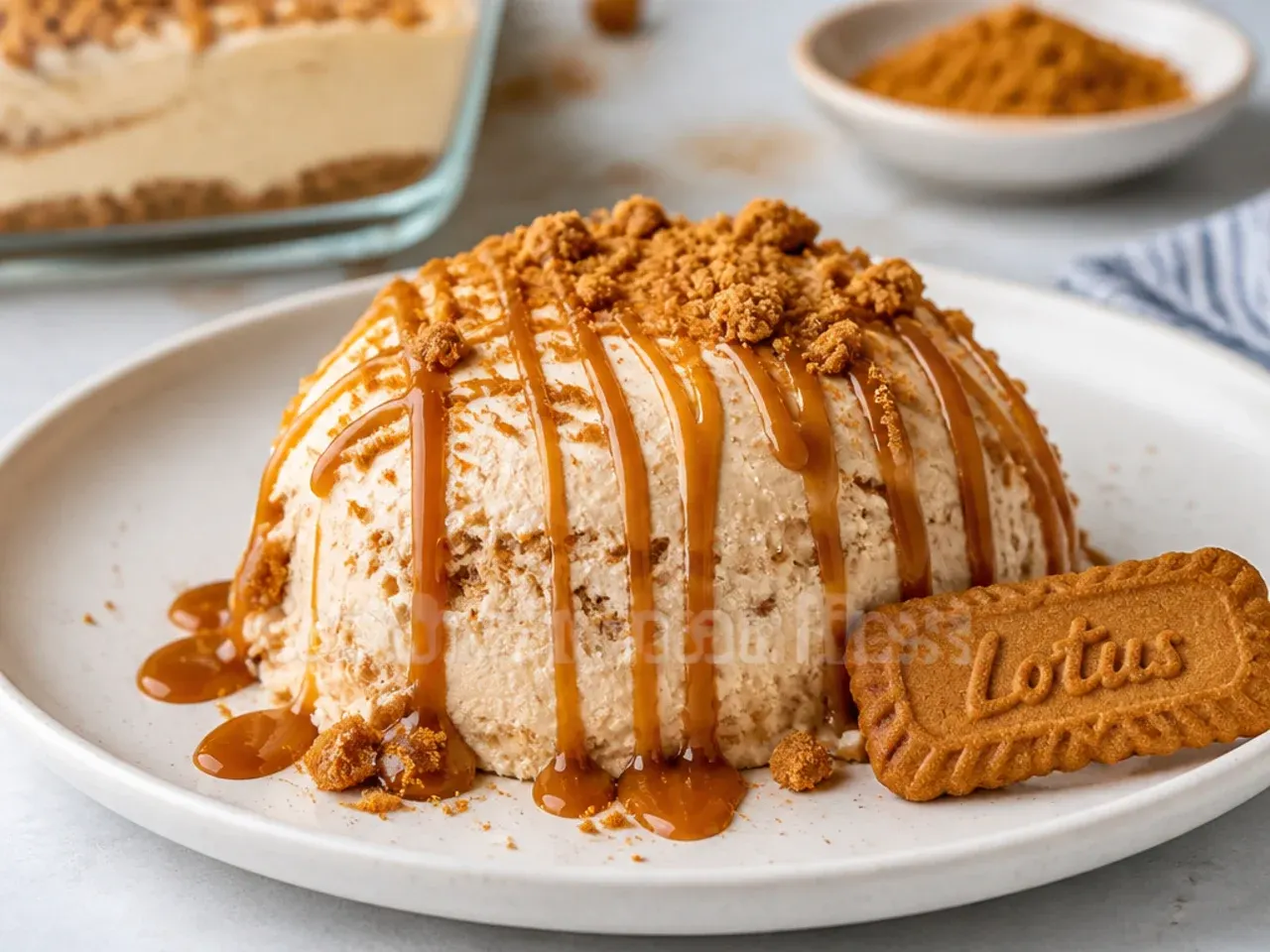 Frozen Biscoff cheesecake slice served ice cream style with warm cookie butter drizzle