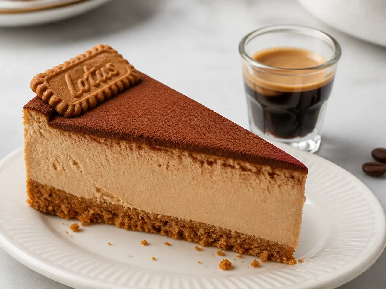 Bold espresso Biscoff cheesecake dusted with cocoa beside a shot of coffee