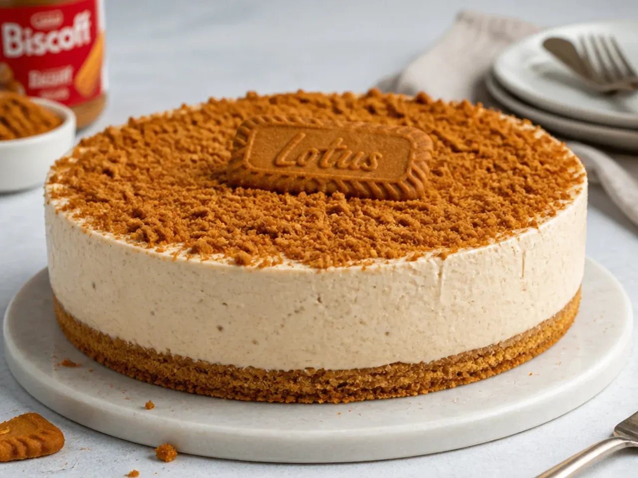 Delicate Biscoff mousse cheesecake with light airy filling and crumb dusting