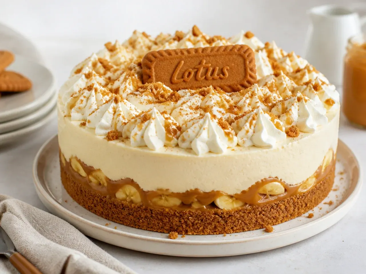 Vintage banoffee Biscoff cheesecake with banana caramel layer and whipped cream