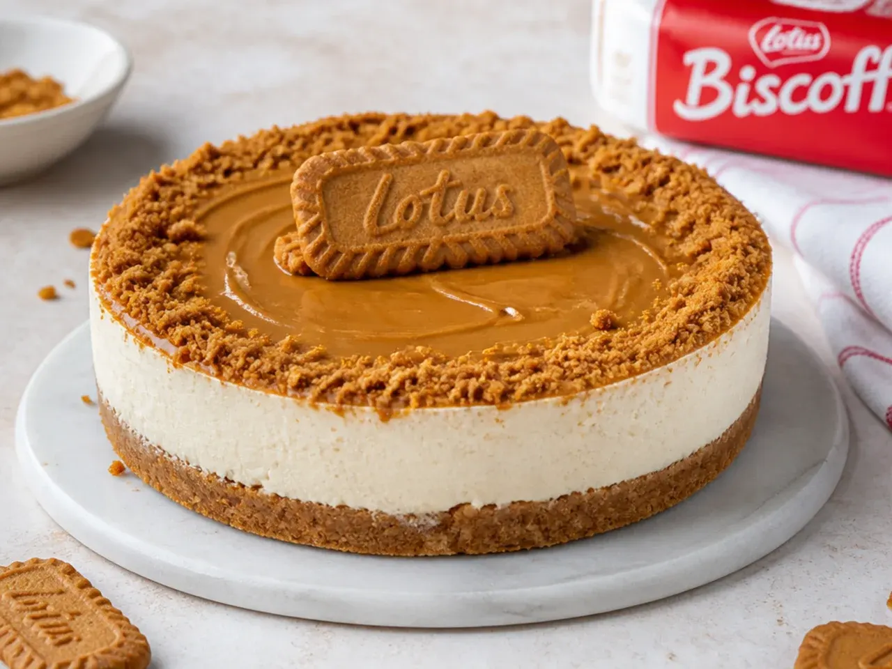 Vegan no bake Biscoff cheesecake made with dairy-free cream cheese and cookie butter