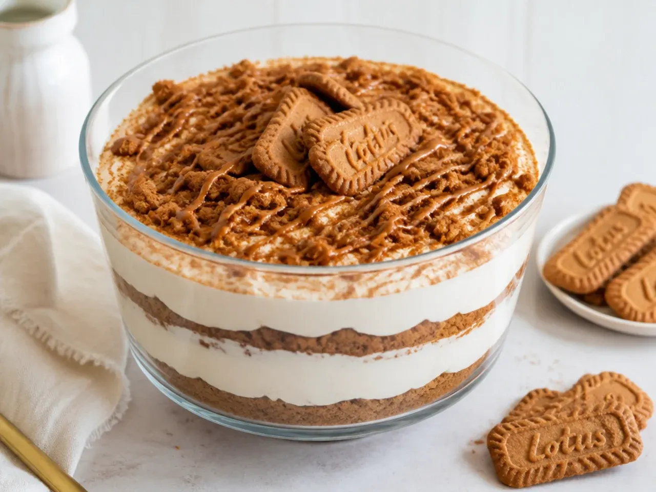 Biscoff cheesecake trifle layered in a glass bowl with cream and biscuit crumbs