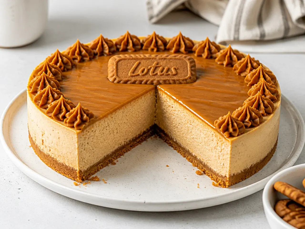 Cleanly sliced no bake Biscoff cheesecake showing firm set filling and biscuit base