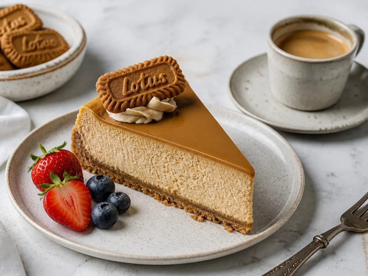 No bake Biscoff cheesecake slice served with espresso and fresh berries