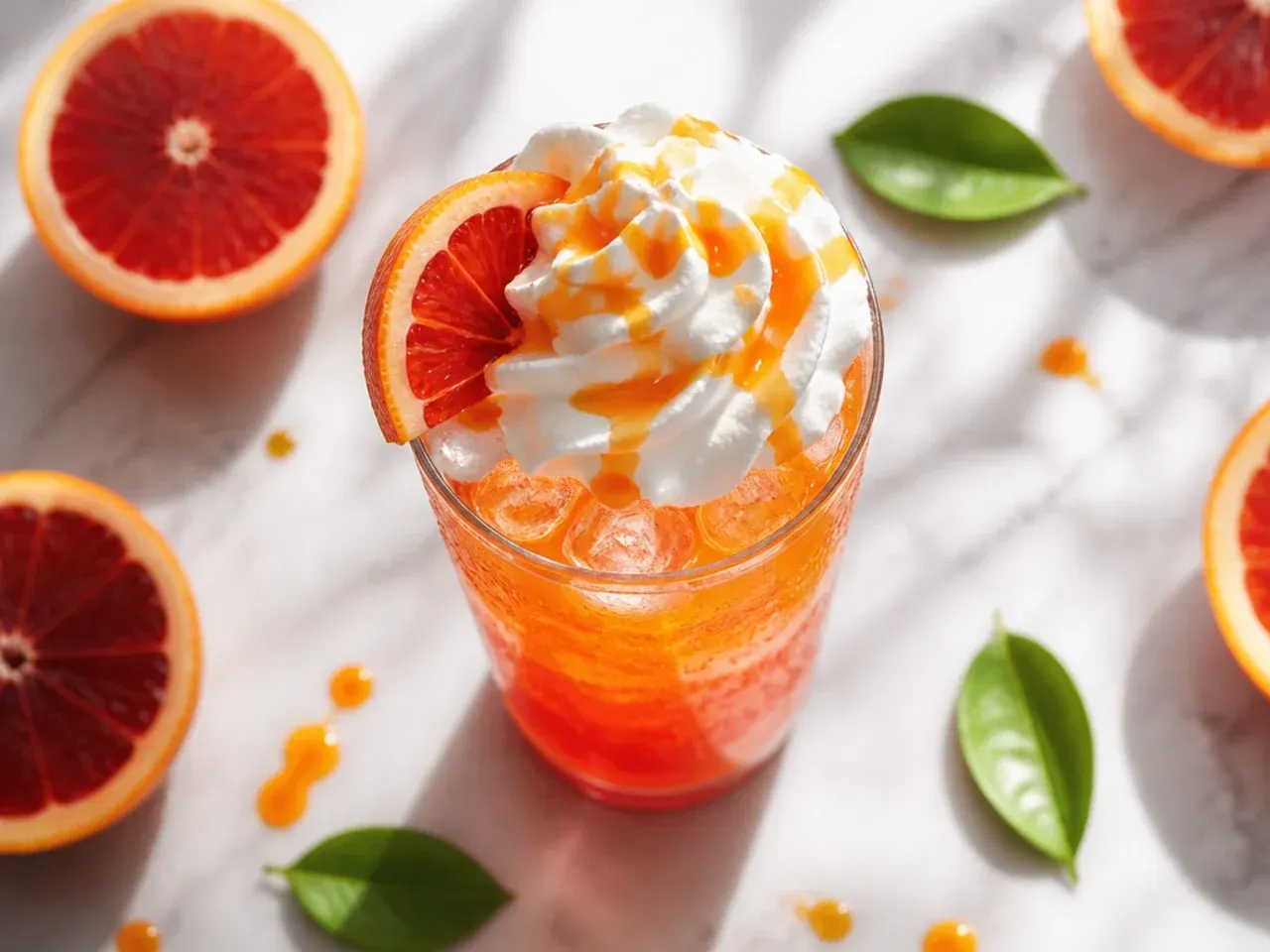 Iced sparkling citrus sunrise mocktail with a gradient of orange and red in a tall glass