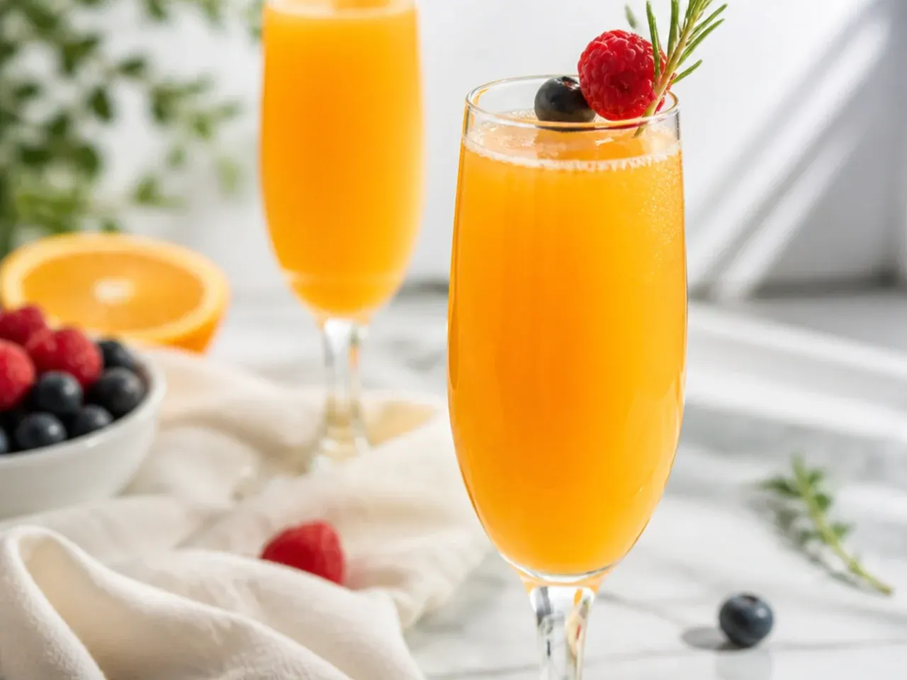 Classic virgin mimosa in a champagne flute garnished with an orange wheel