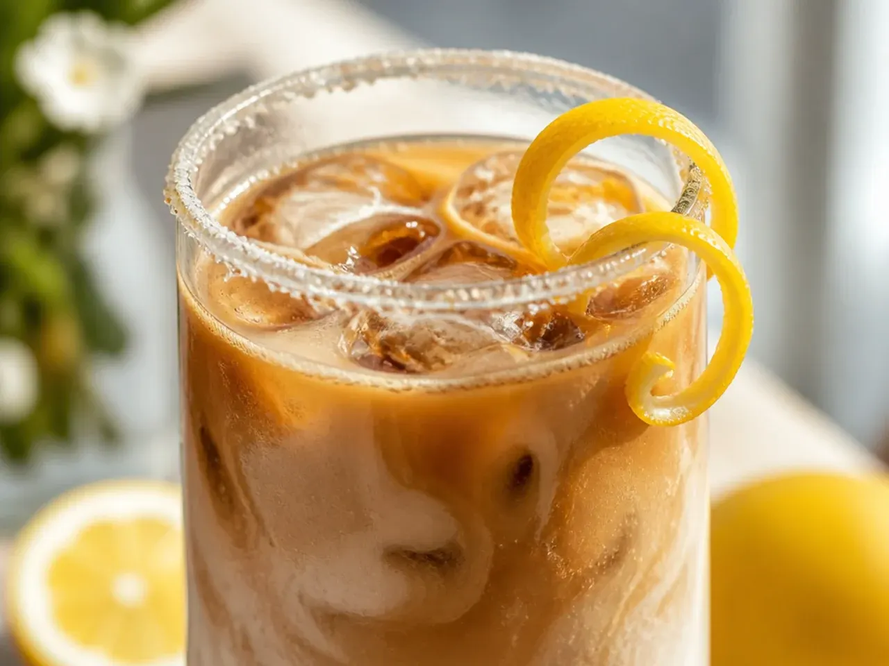 Copycat iced vanilla latte with visible coffee and milk layers over ice in a clear glass