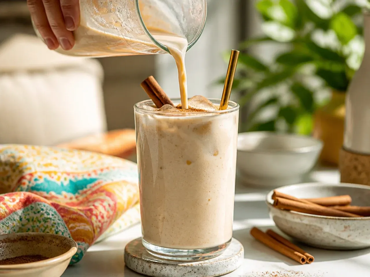 Creamy cinnamon horchata milk poured over ice in a glass with a cinnamon stick garnish