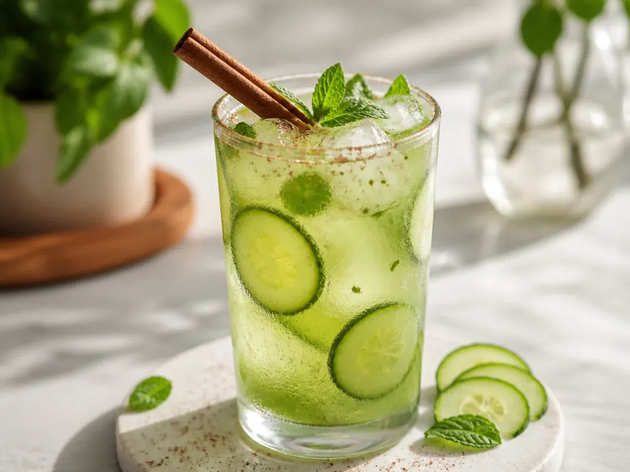 Refreshing cucumber mint cooler with visible cucumber slices and mint leaves in a highball glass