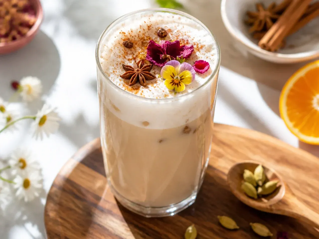 Cozy spiced chai latte in a mug with visible foam and a dusting of cinnamon