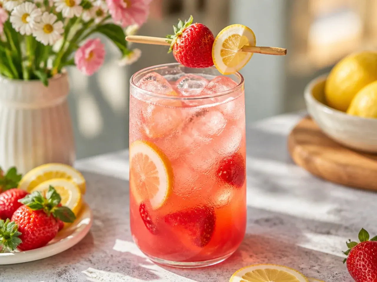 Sweet strawberry lemonade spritz in a mason jar with a strawberry garnish on the rim