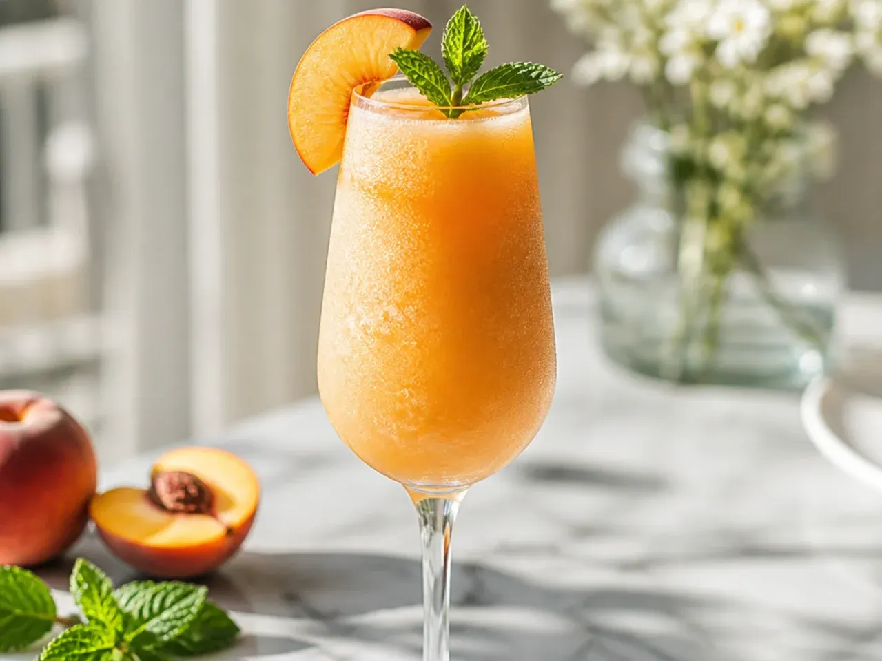 Frozen peach bellini mocktail in a coupe glass with a slushy peach-coloured texture