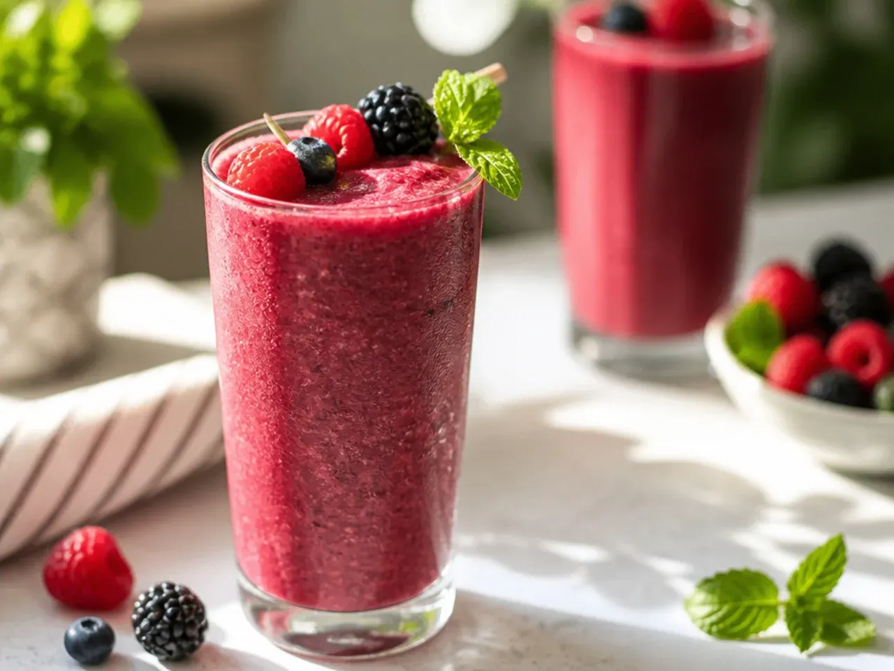 Blended mixed berry smoothie mocktail in a glass with a straw and fresh berries on top