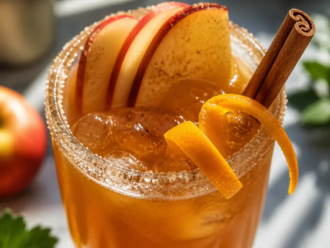 Spiced warm apple cider in a mug with a cinnamon stick and orange slice garnish