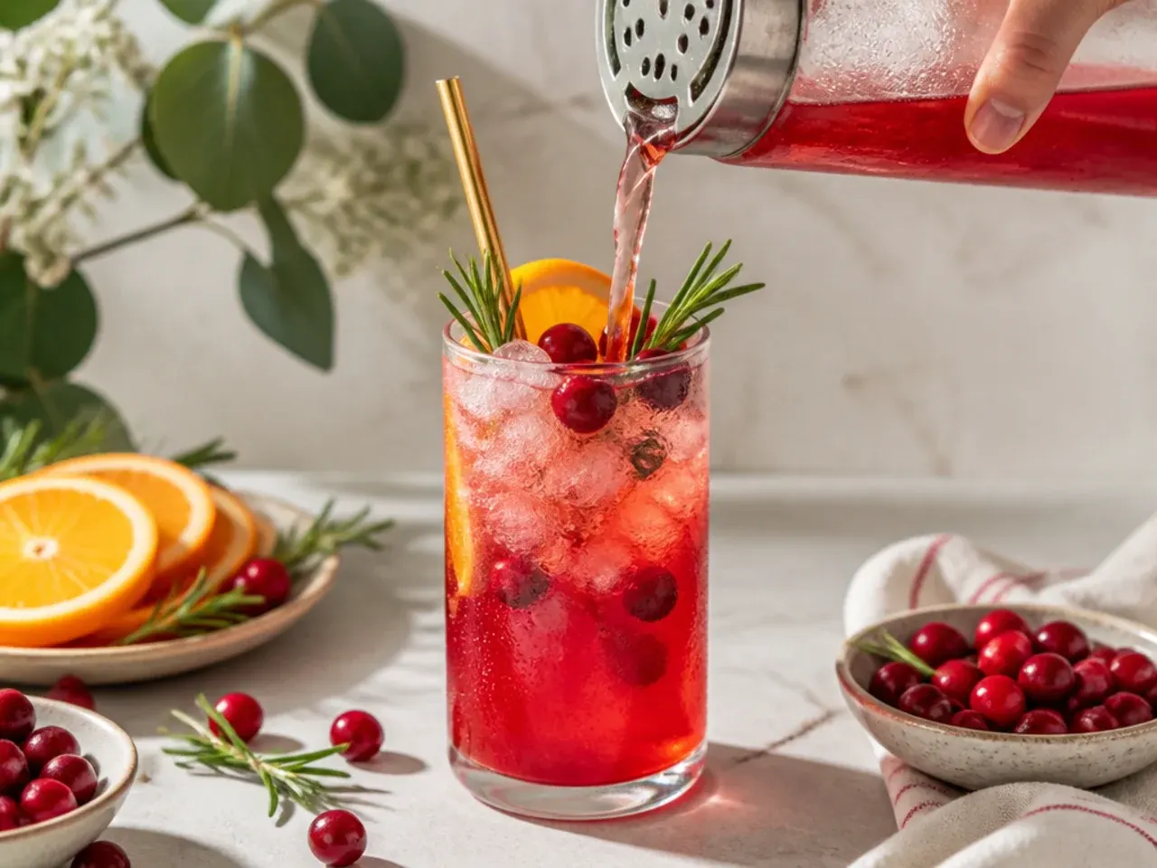 Festive cranberry rosemary spritz in a stemmed glass with a rosemary sprig garnish