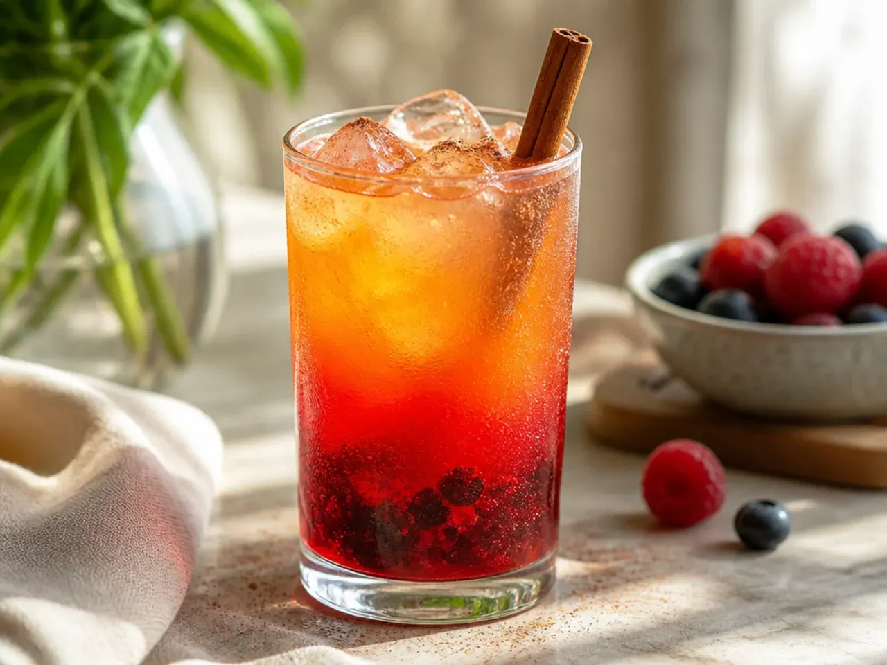 Layered berry sunrise cooler showing distinct blue and gold juice layers in a tall glass