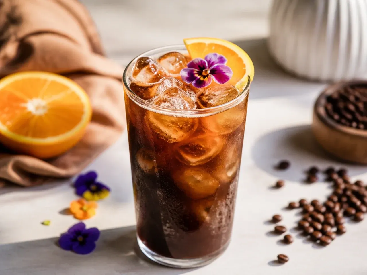 Bold espresso tonic with a dark coffee layer floating over sparkling tonic water in a glass