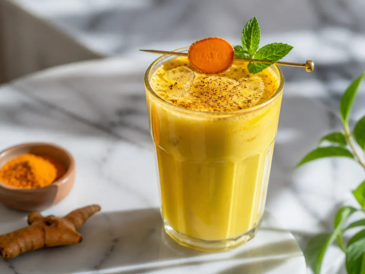 Smooth golden turmeric latte in a small mug with a light foam top