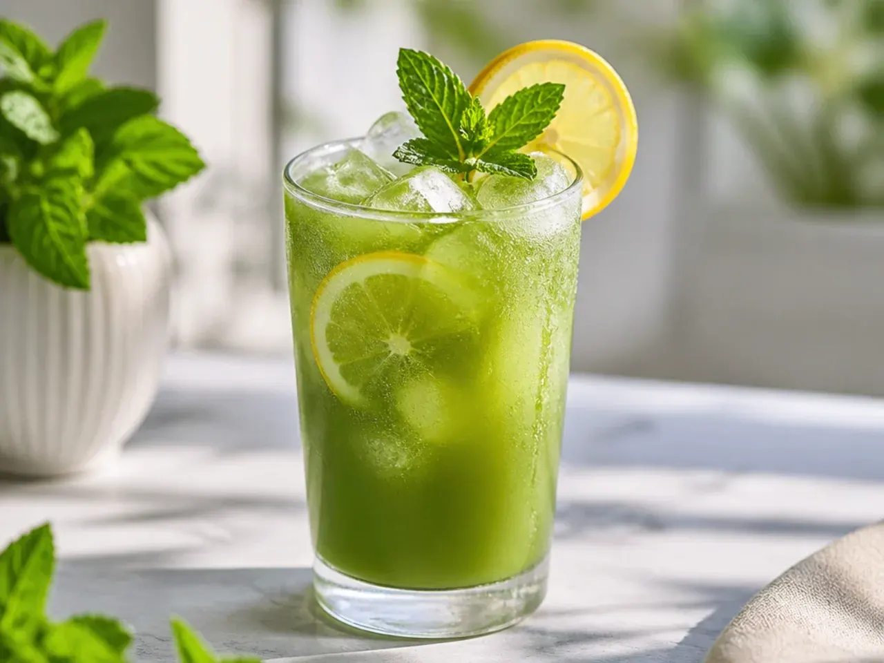 Iced matcha lemonade with a marbled green and yellow swirl in a tall glass over ice