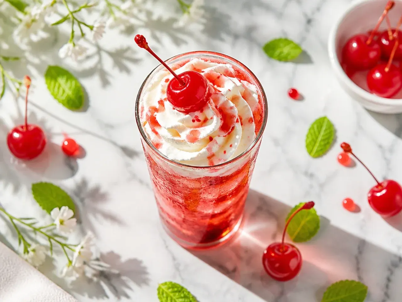 Classic Shirley Temple mocktail in a glass with maraschino cherries on a cocktail pick