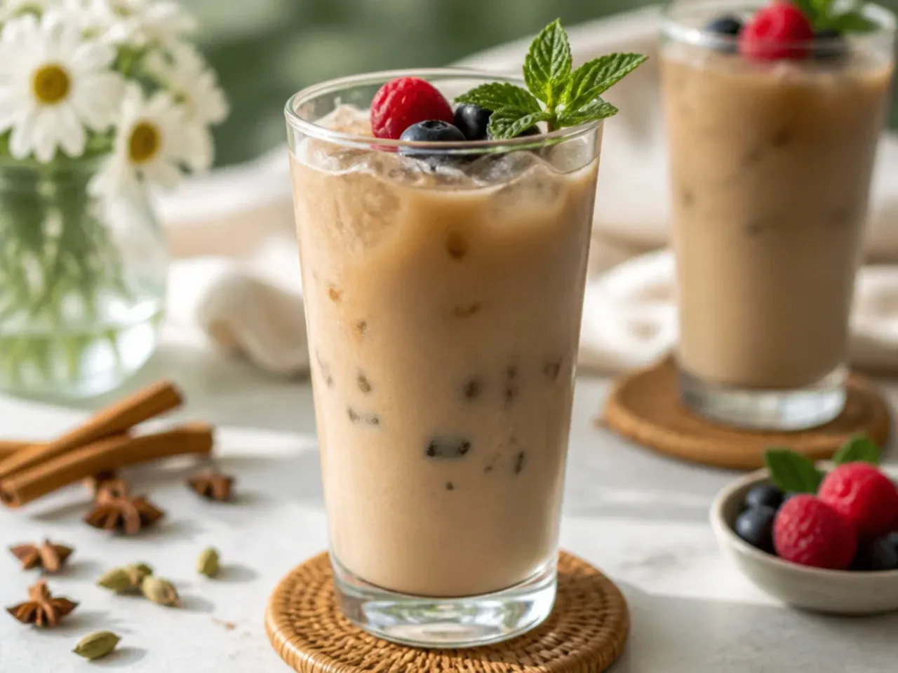 Copycat iced chai latte with visible spiced tea and milk layers over ice