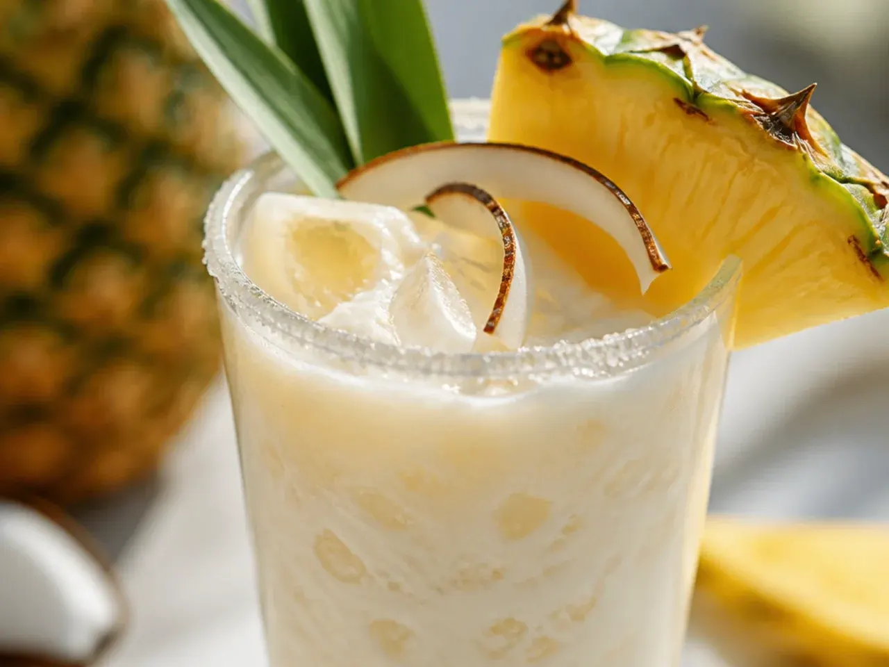 Creamy coconut pineapple mocktail in a glass with toasted coconut flakes on top
