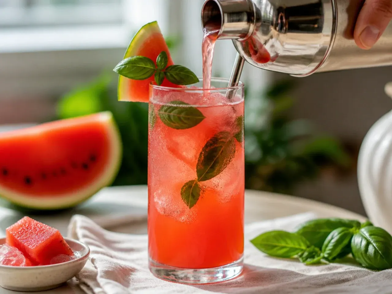 Refreshing watermelon basil cooler in a glass with a basil leaf garnish and pink hue