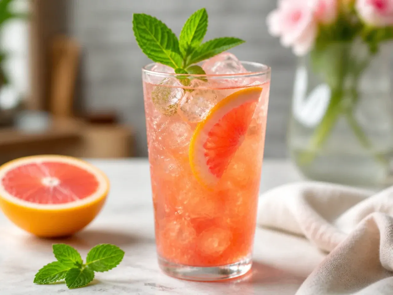 A garnish station with citrus slices, mint sprigs, cherries and cocktail picks laid out on a tray