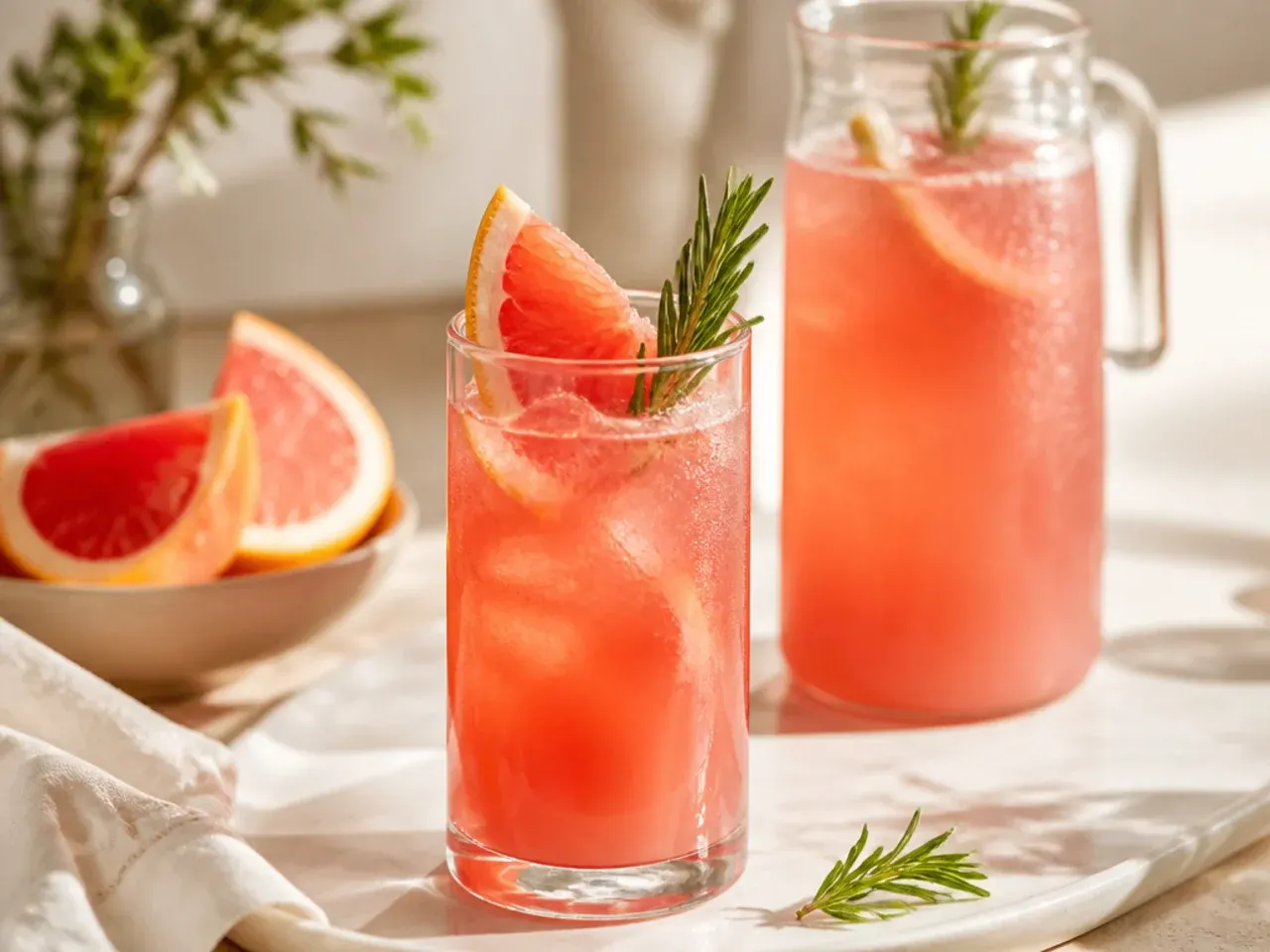 A pitcher of pre-batched mimosa base and a tray of frozen fruit purée ice cubes on a kitchen counter