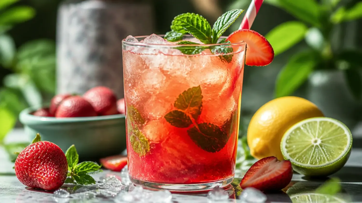 A glass punch bowl filled with sparkling rainbow fruit punch, an ice ring studded with berries, and glasses garnished with orange slices and mint on a party table