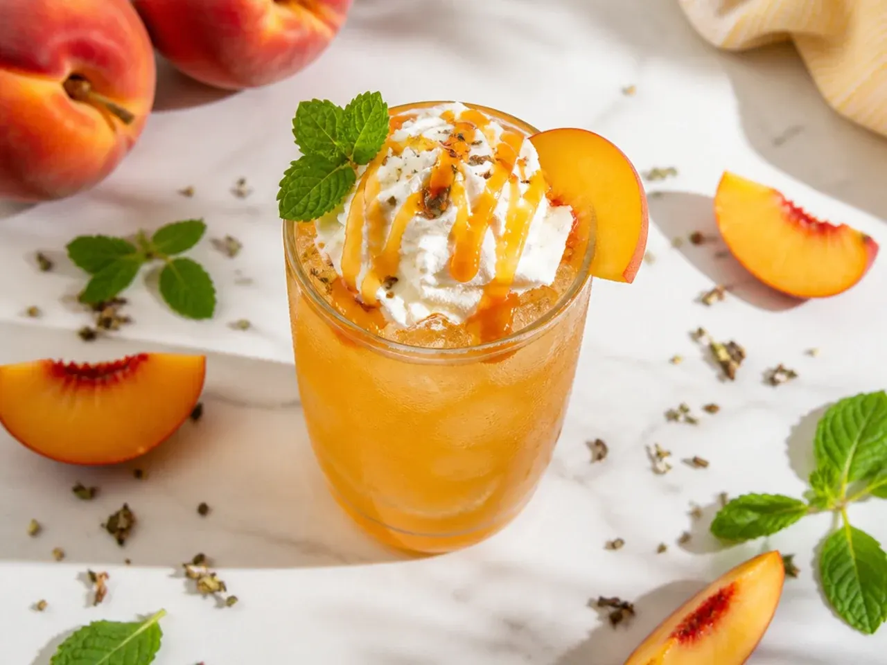Tall glass of iced peach green tea with fresh peach slices and mint