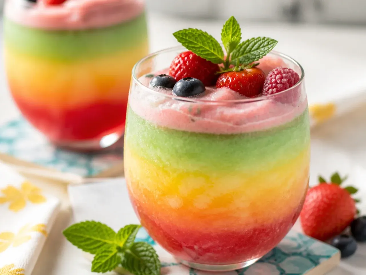 Glass punch bowl of rainbow sherbet fruit punch with scoops of sherbet floating on top
