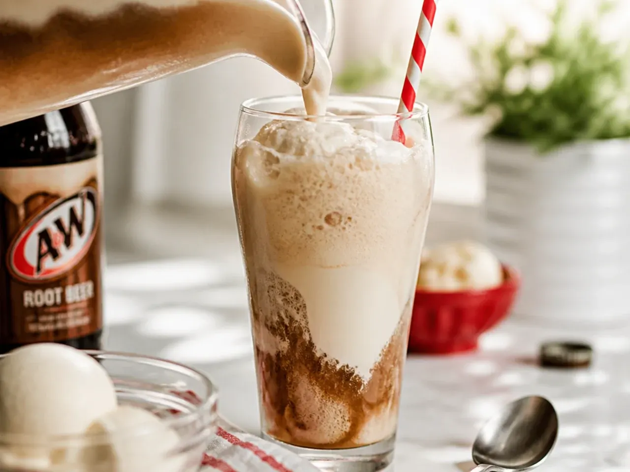 Root beer float punch in a glass bowl with vanilla ice cream scoops and foam on top