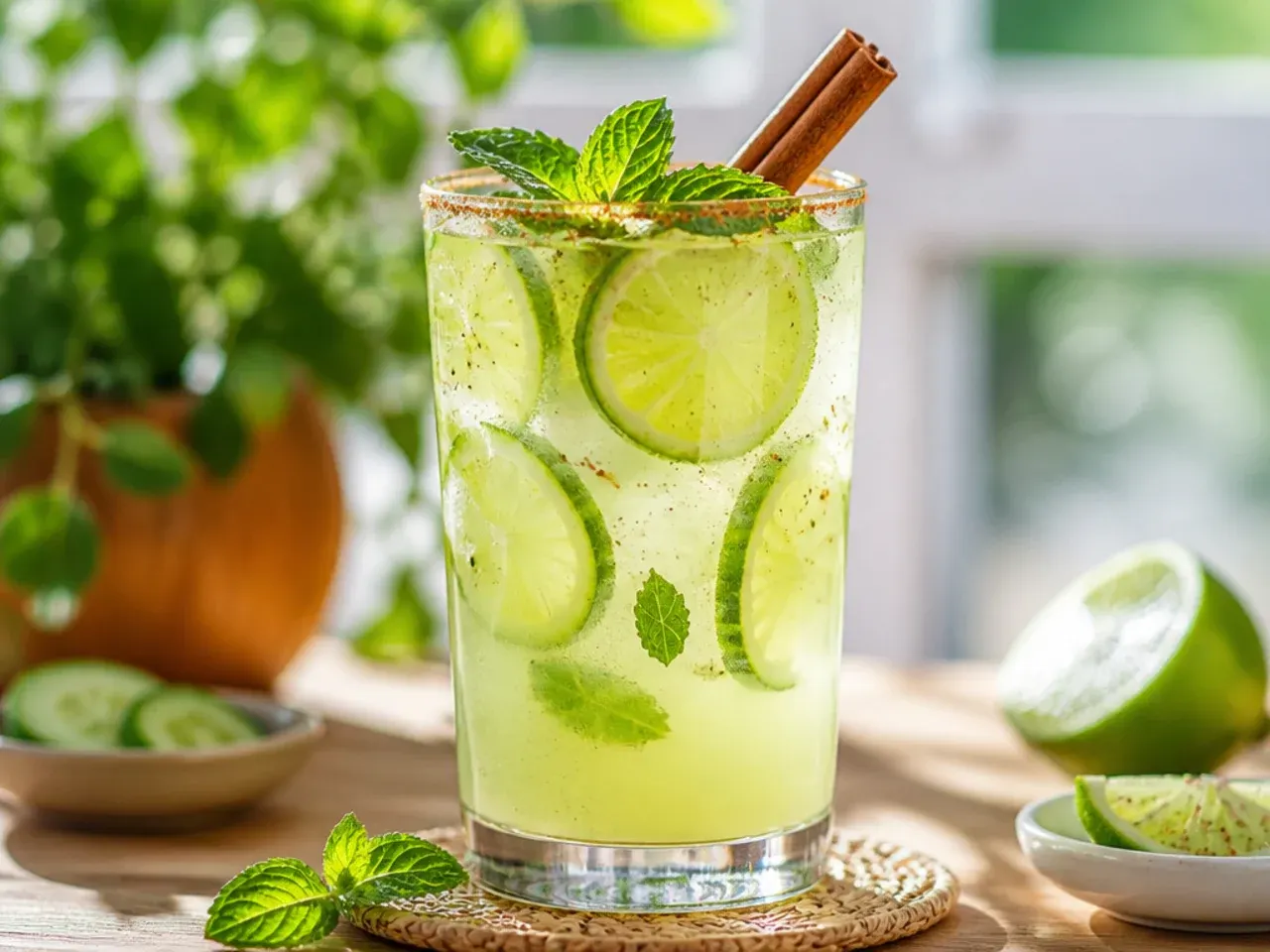 Pitcher of pale green cucumber mint limeade with cucumber ribbons and lime wheels