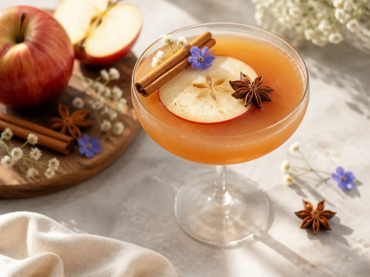 Mug of spiced apple cider with a cinnamon stick and orange slice, steam rising