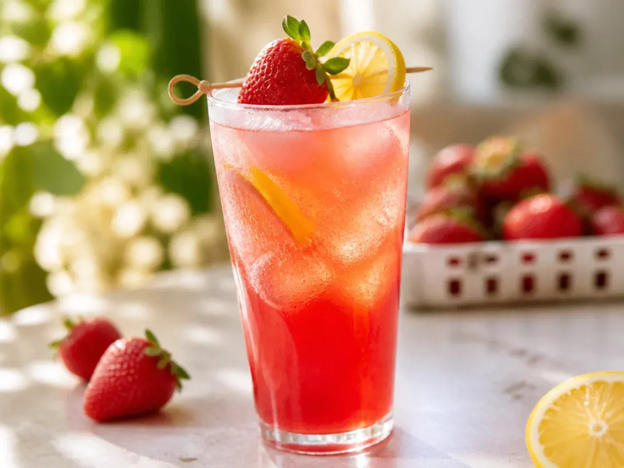 Pink strawberry lemonade fizz in a glass with strawberry ice cubes and a lemon wheel