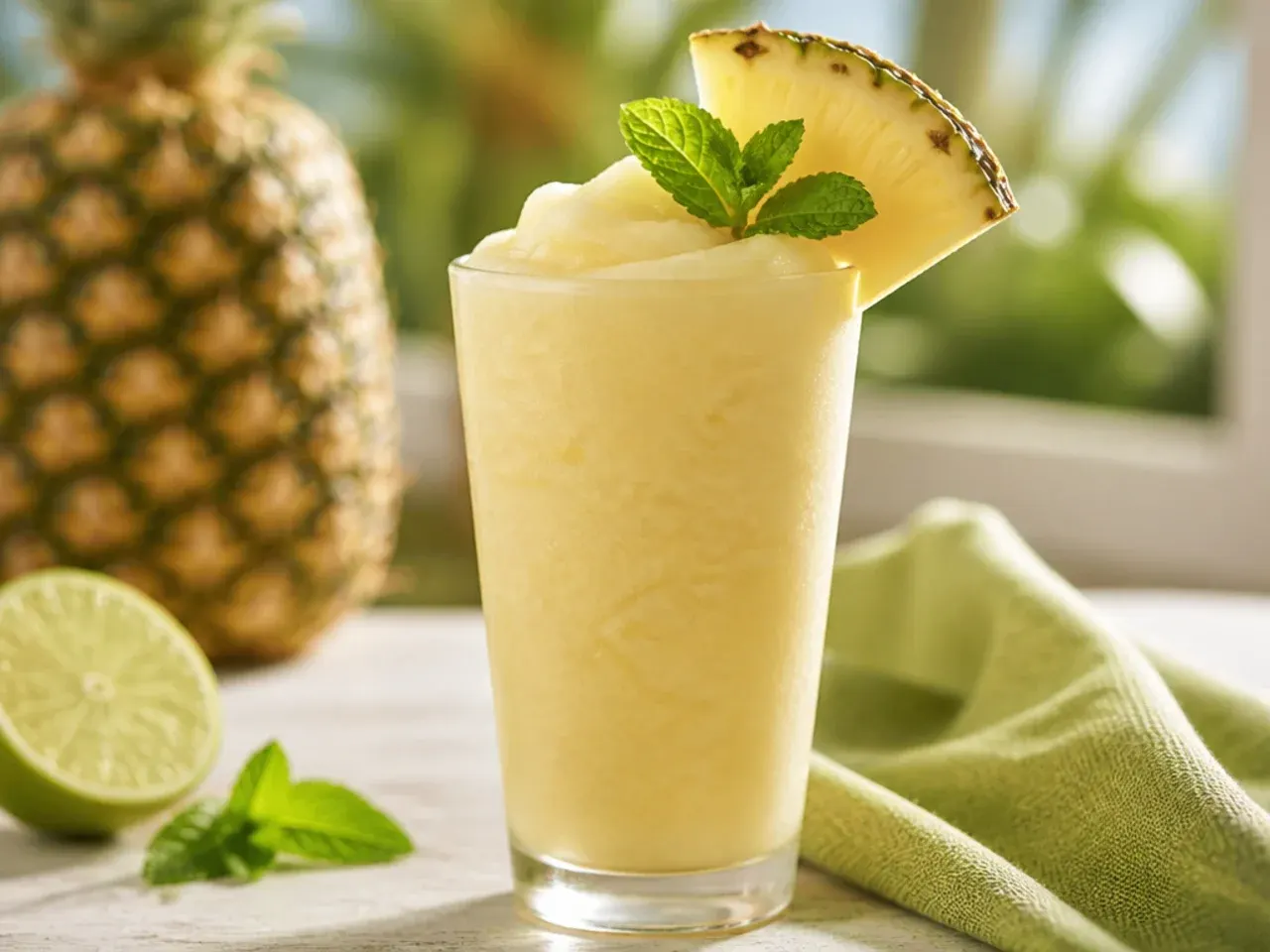 Frozen piña colada mocktail slush in a hurricane glass with a pineapple wedge garnish