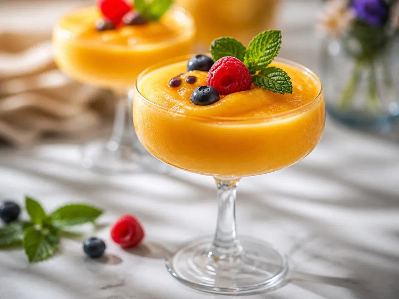 Thick mango passionfruit smoothie punch in glasses topped with passionfruit seeds