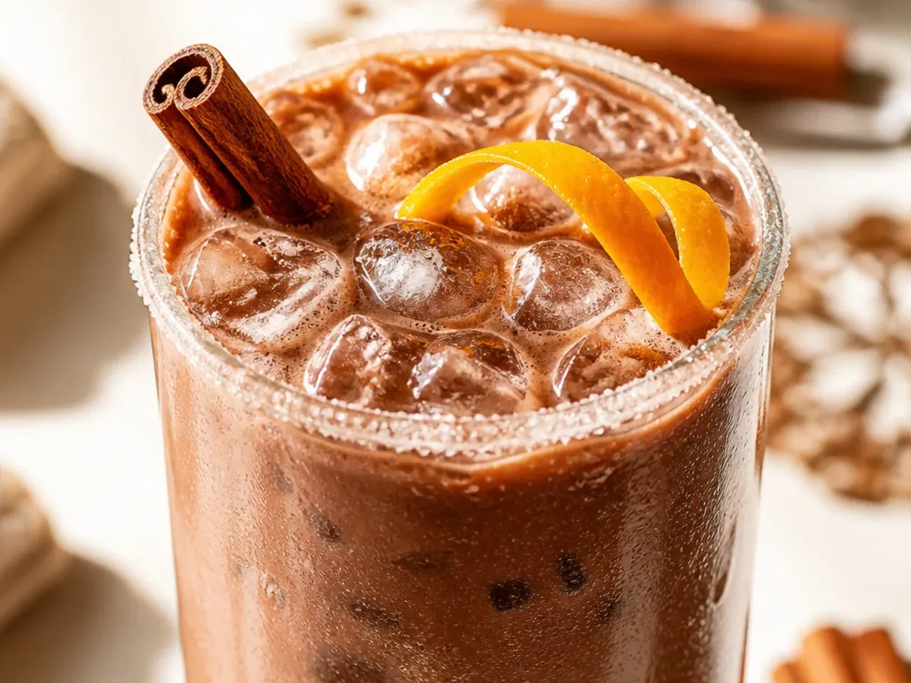 Mug of spiced chai hot chocolate topped with whipped cream and a cinnamon dusting
