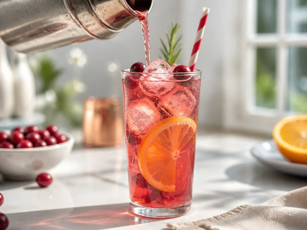 Sparkling cranberry orange mocktail in a champagne flute with frozen cranberries and rosemary