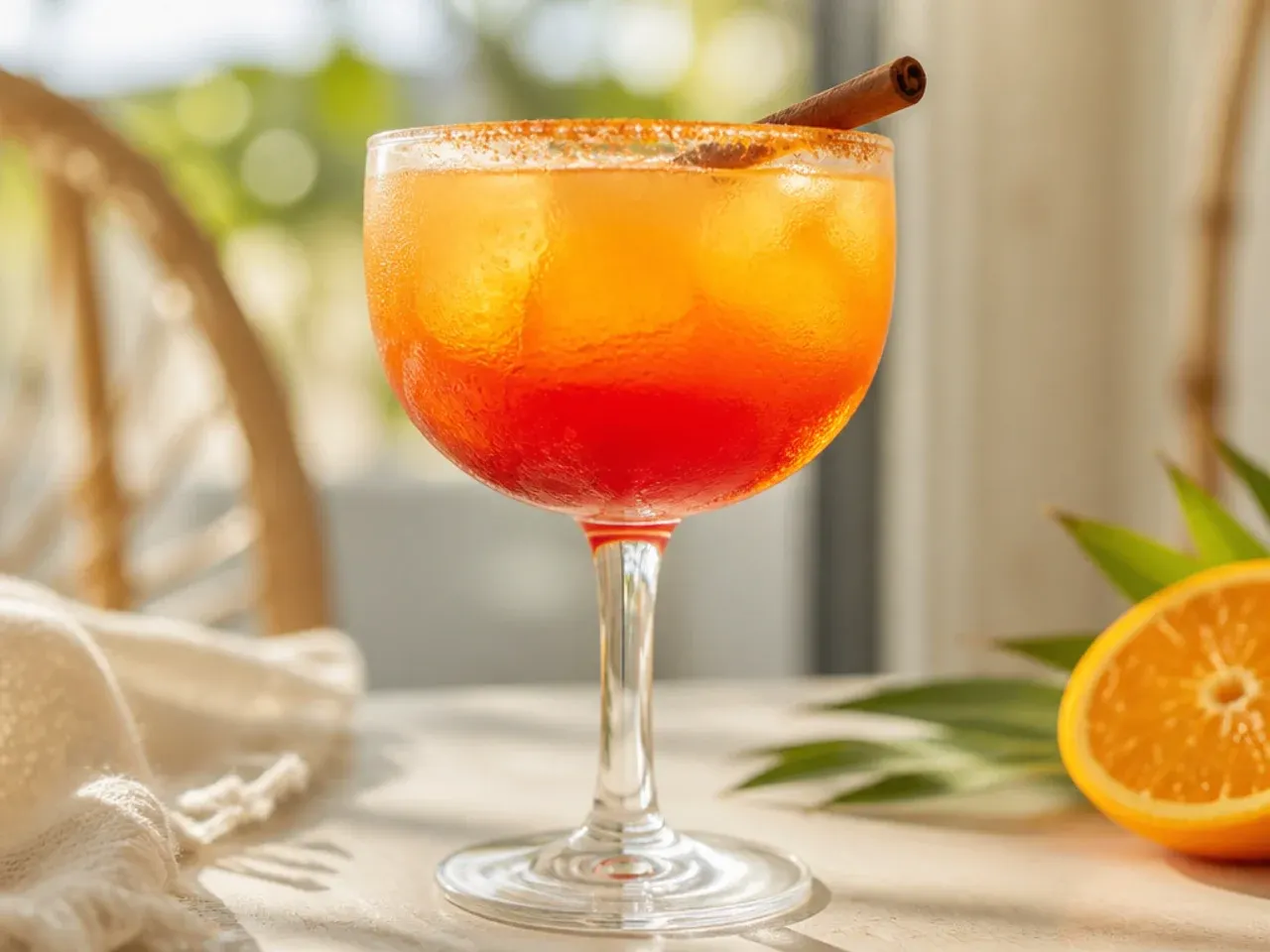 Layered orange, pineapple, and grenadine sunset mocktail in a clear glass