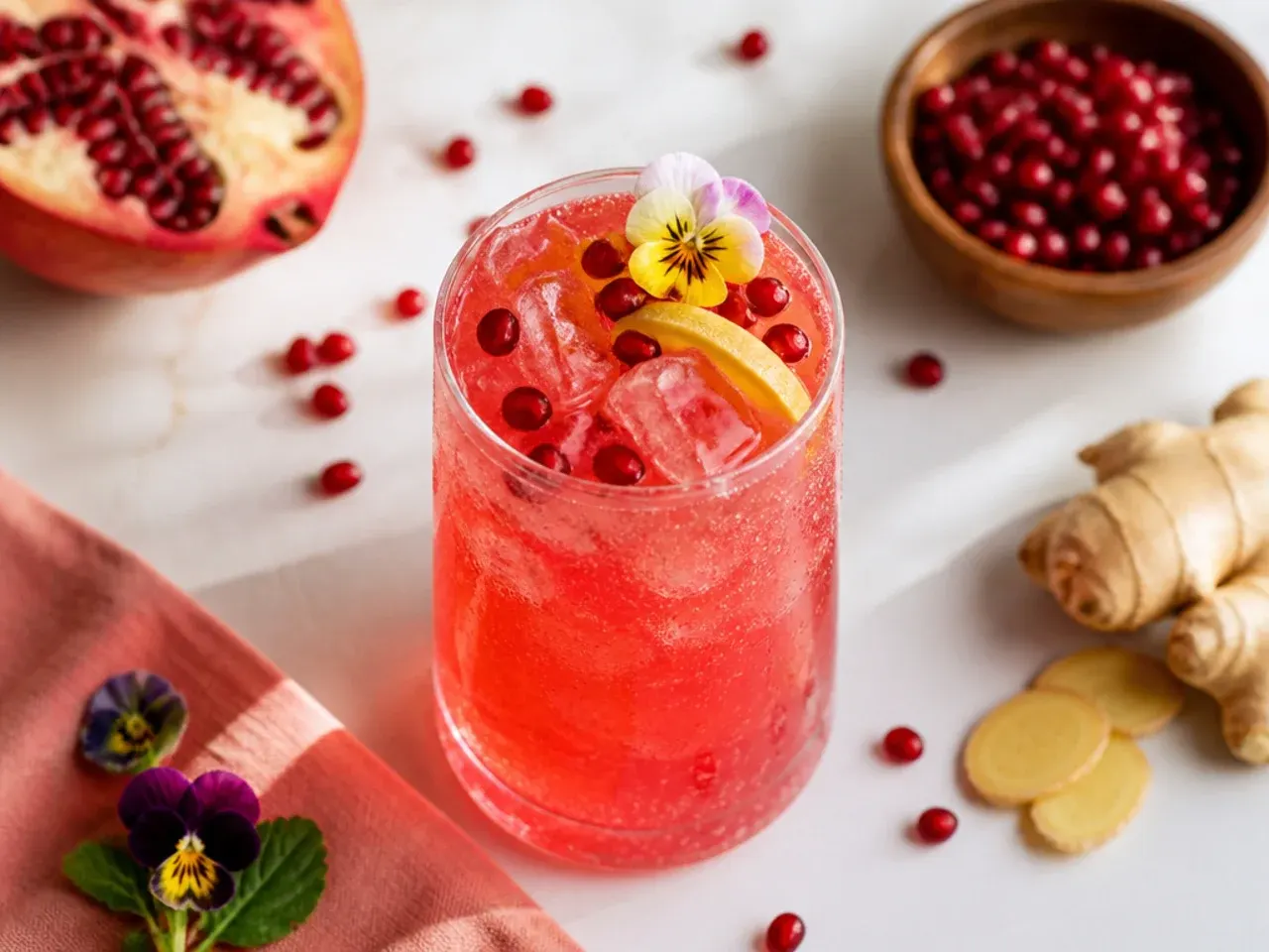 Bold pomegranate ginger fizz in a glass with fresh pomegranate seeds floating on top