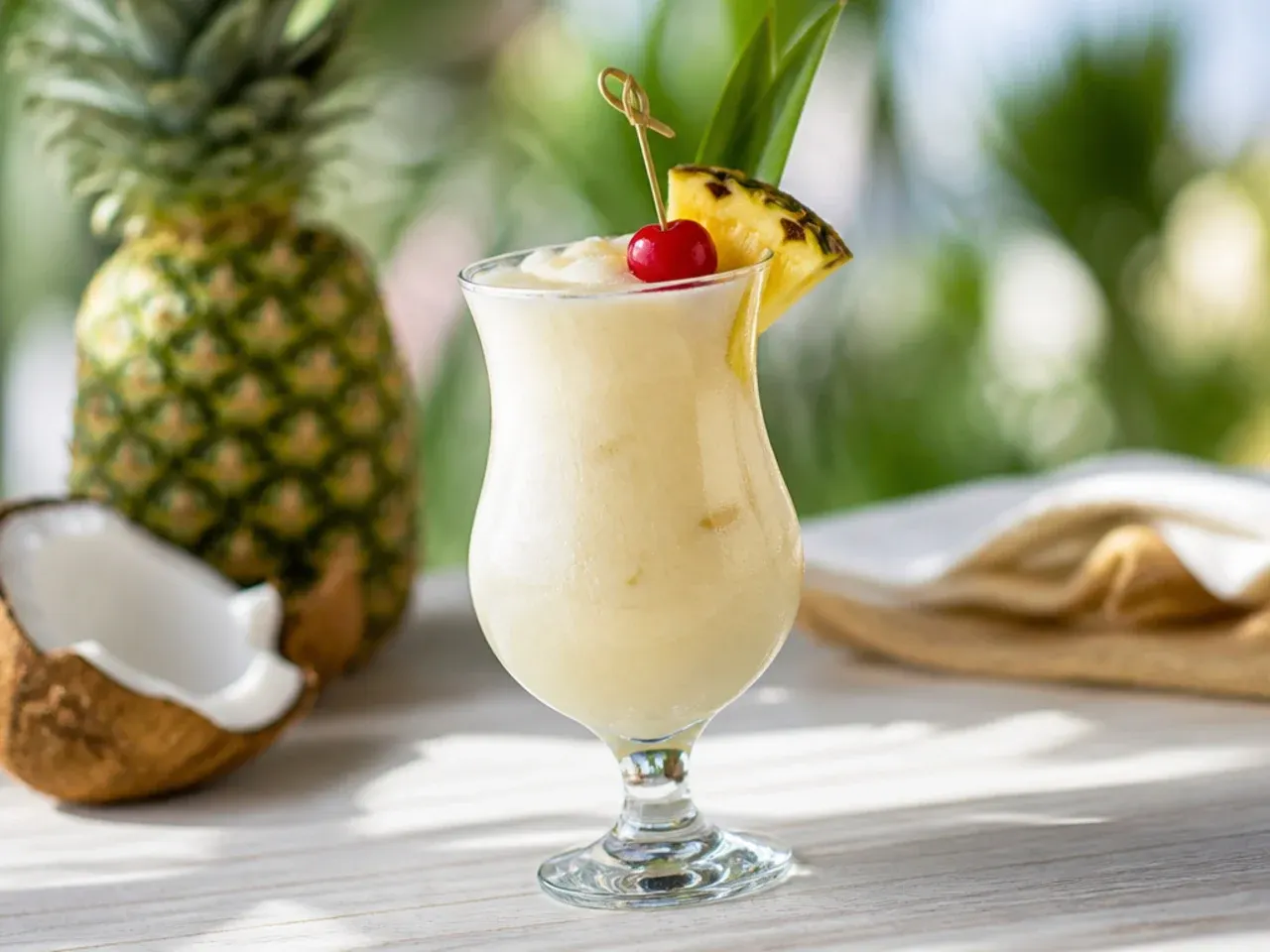 Creamy white coconut colada punch in a bowl topped with toasted coconut flakes