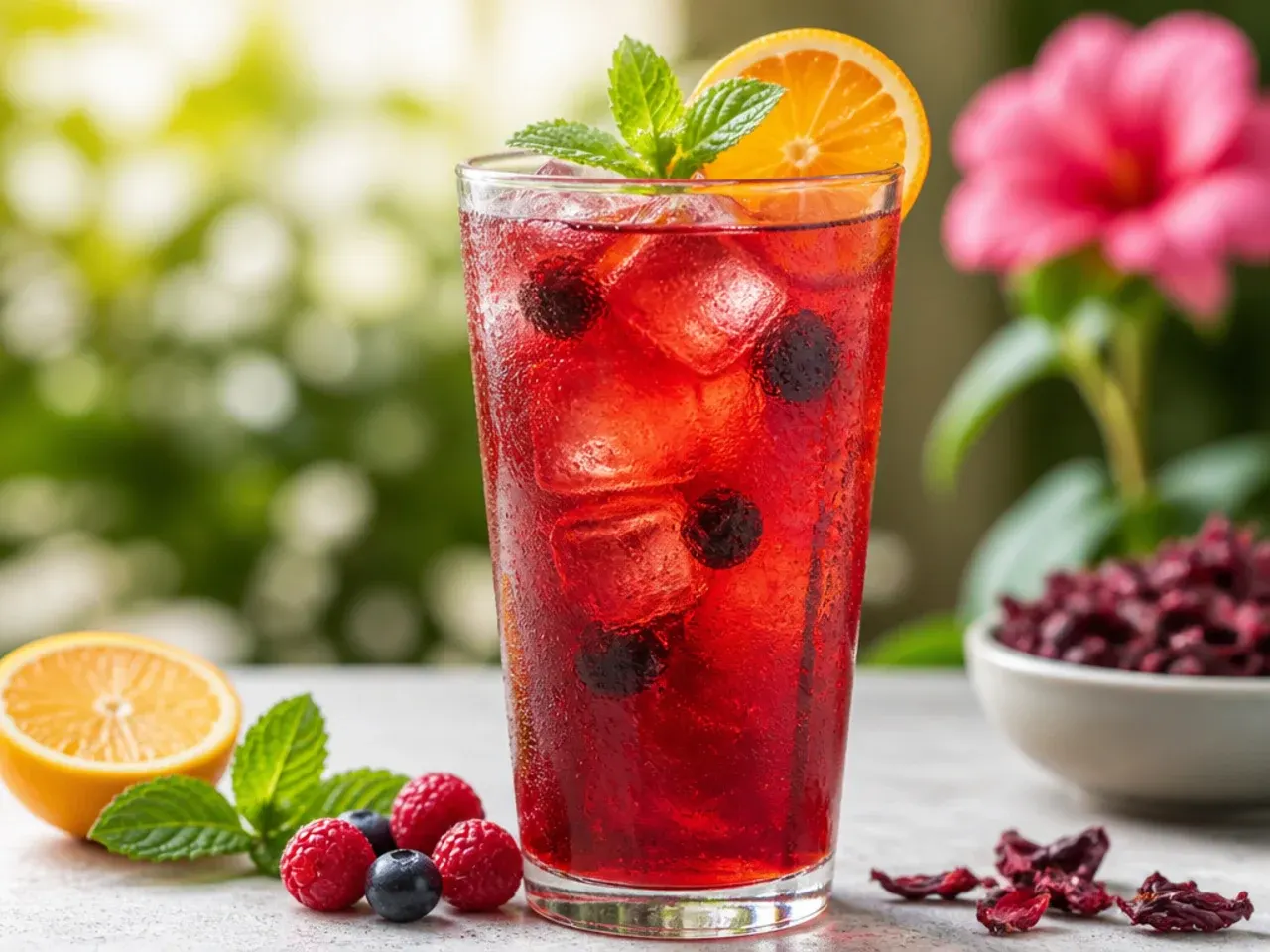Ruby red iced hibiscus tea in a glass with fresh berries and a lime wedge