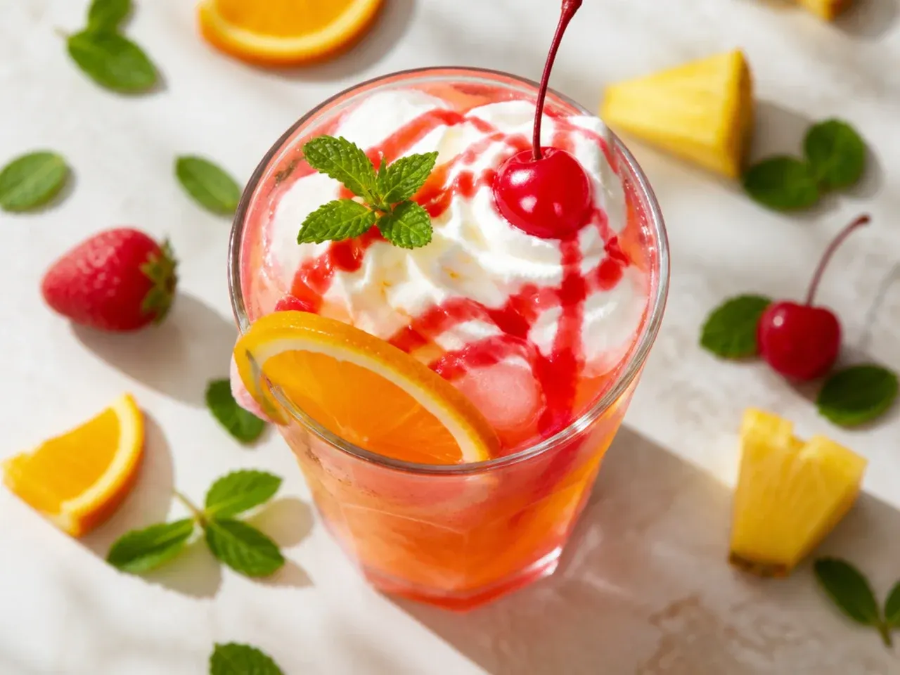 Large punch bowl of classic fruit punch with a fruit ice ring and sherbet scoops