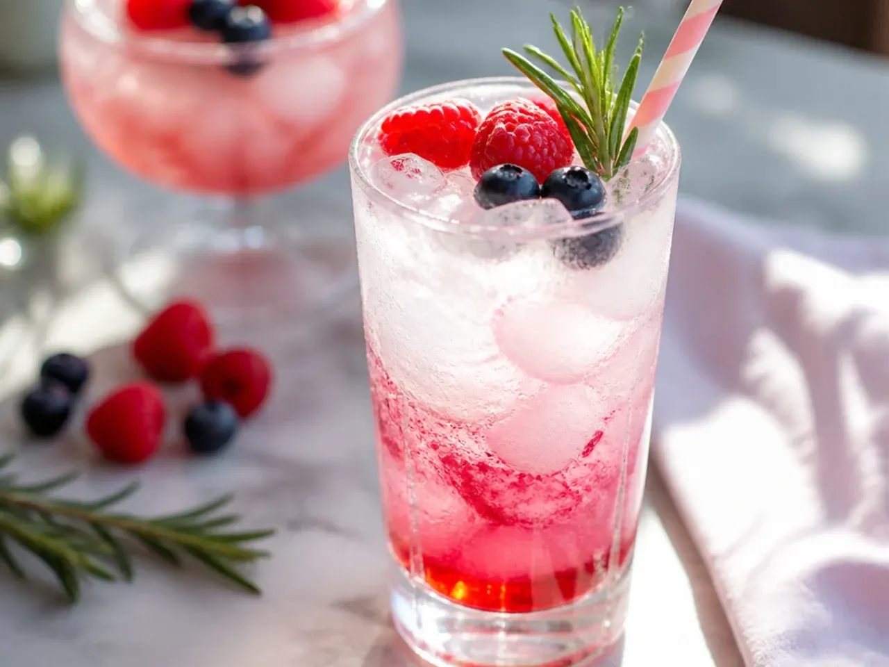 Italian cream soda bar with syrup bottles, cream, and a finished pink cream soda in a tall glass